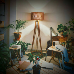 Mushroom Bamboo tall standing Lamp in a room setting