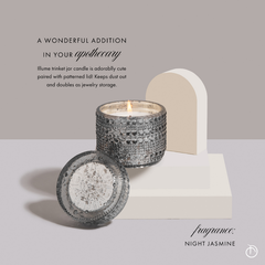 Night Jasmine Fragrance Trinket scented jar candle, lit silver glass jar on arch plinth with apothecary text, infographic view