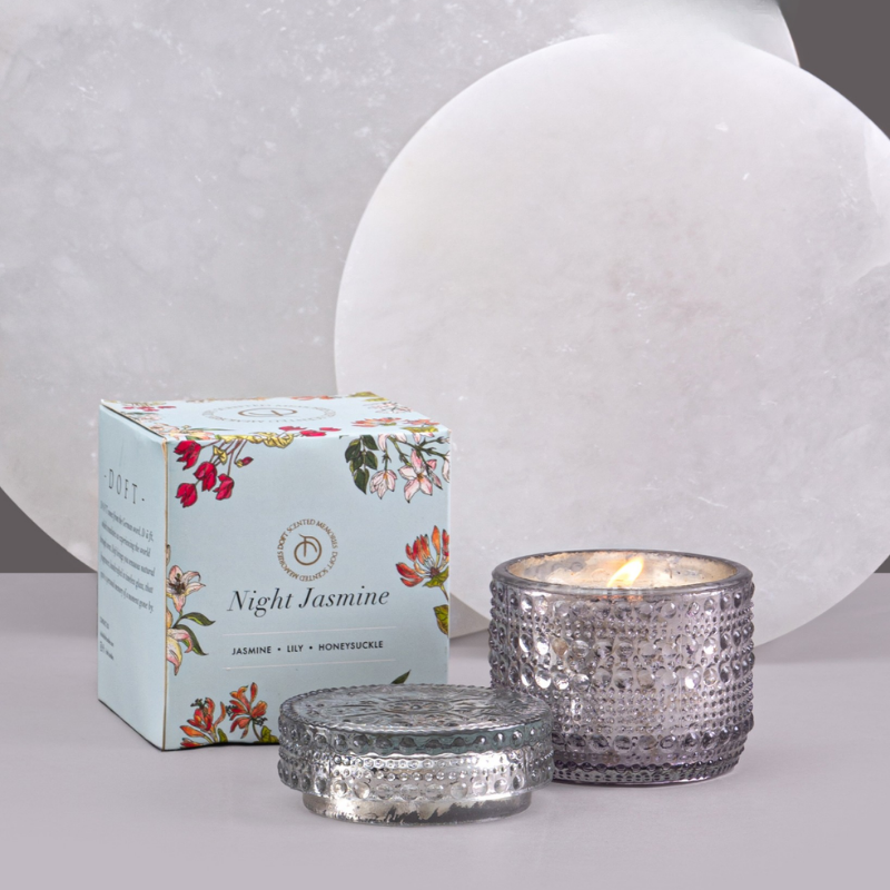 Night Jasmine Fragrance Trinket Jar Candle, with lid beside Night Jasmine box, front view
