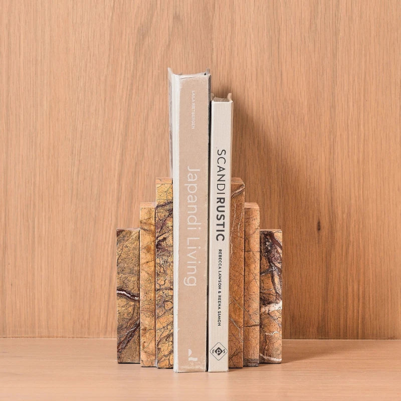 Stepper Bookend - Set of 2 - Front View, Stepped Brown Marble Holding Two Books
