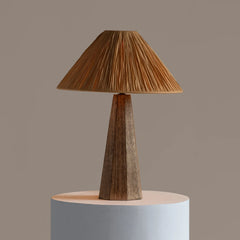 Harmony Table Lamp with a pleated brown shade, made of natural wood