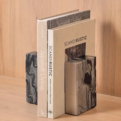 Monolith Bookend - Set of 2 - Three-Quarter View with Books, Dark Marble Texture Detail