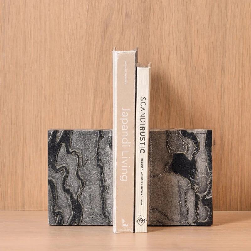 Monolith Bookend - Set of 2 - Front View, Grey and Black Marble Blocks Holding Books
