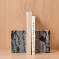 Monolith Bookend - Set of 2 - Front View, Grey and Black Marble Blocks Holding Books