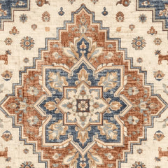 Close-up of a patterned rug with geometric design