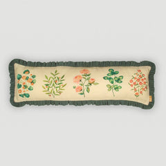 Fiora Ivory Linen Lumbar Cushion Cover front view, five botanical motifs with green ruffle