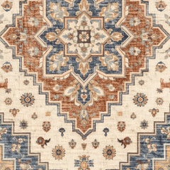 Close-up of a patterned rug with geometric design