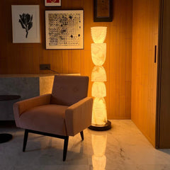 Close-up of natural veining and translucency in the alabaster floor lamp's stone shade