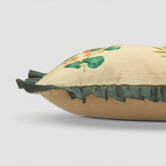 Fiora Ivory Linen Lumbar Cushion Cover side profile showing microvelvet ruffle