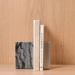 Monolith Bookend - Set of 2 - Holding Two Slim Books, Wavy Grey Marble Pattern