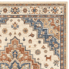 Decorative rug with intricate patterns and colors on a beige background