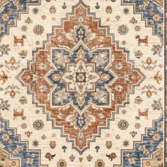 Decorative rug with intricate pattern on a beige background