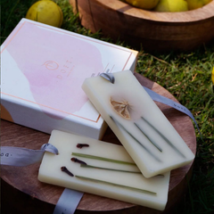 Lemon Grass & Clove Wax Tablet - Set of 2, two tablets on a wooden tray outdoors with gift box