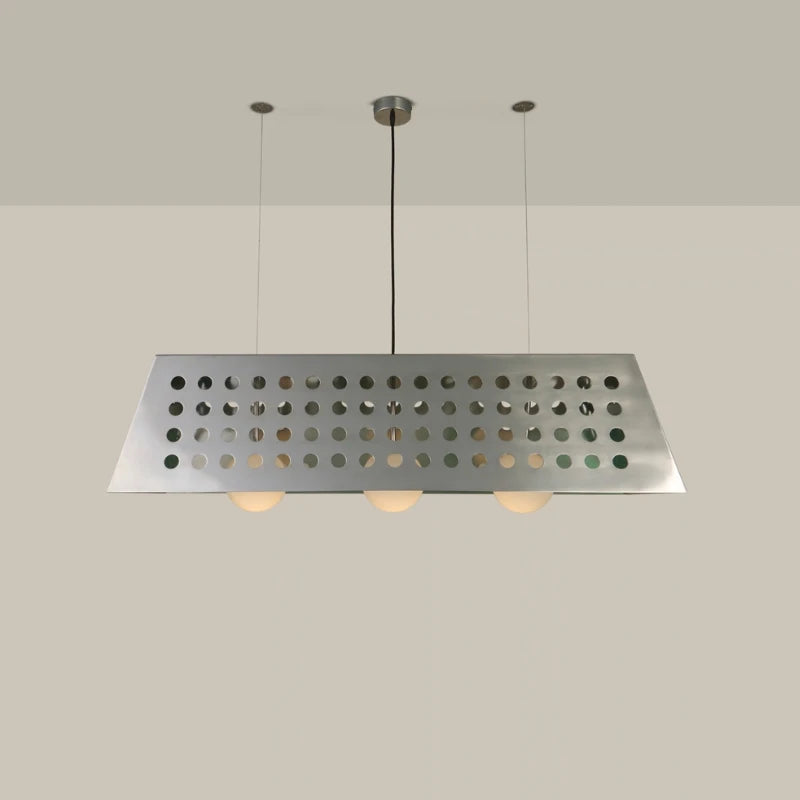Obscura Chandelier Light, perforated metal shade with three globe bulbs, front view