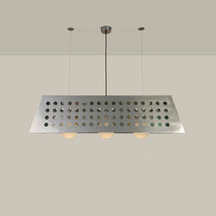 Obscura Chandelier Light, perforated metal shade with three globe bulbs, front view