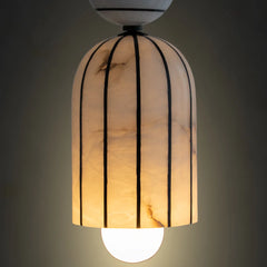 Ceiling light fixture with a decorative lampshade on a dark background