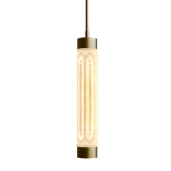 Cylindrical pendant light with gold finish on a white background