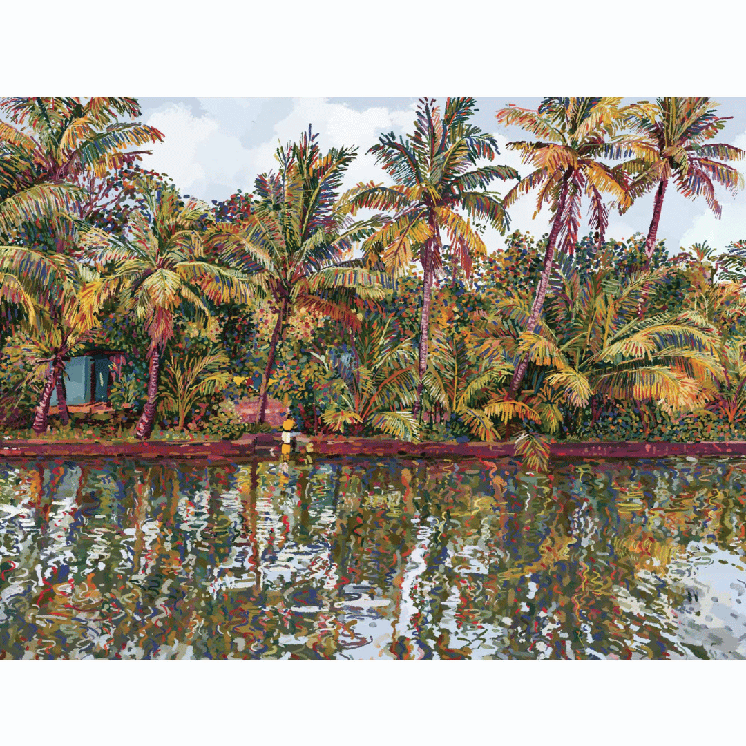 Giclée fine art print showing Palms tress reflection in water. Colorful wall art piece