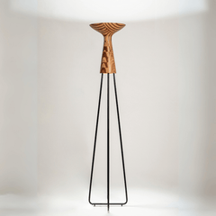 Unique Wooden floor lamp with upcycled-plywood hourglass and black metal legs