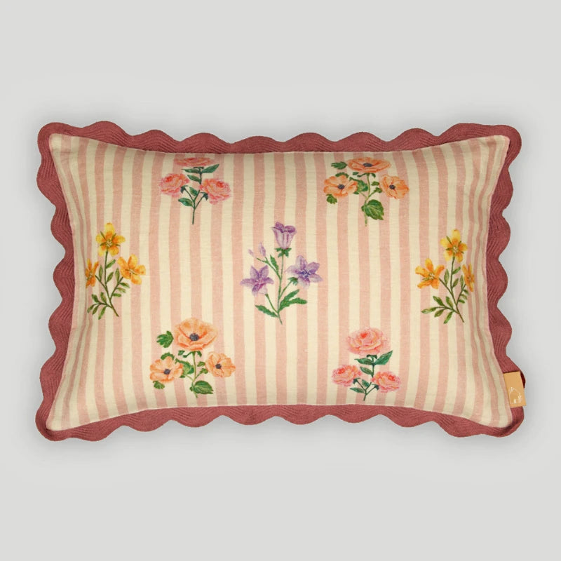 Rosalia Dusty Rose Linen Oblong Cushion Cover front view, striped floral print with scallop lace edge