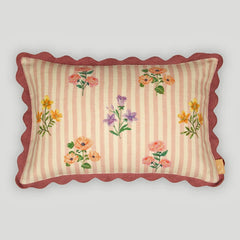 Rosalia Dusty Rose Linen Oblong Cushion Cover front view, striped floral print with scallop lace edge