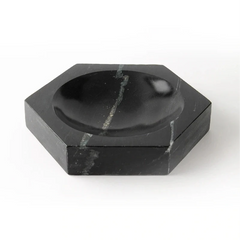 Hexagon Black Marble Bowl - Angled View, Polished Black Marble with White Veining