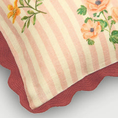 Rosalia Dusty Rose Linen Oblong Cushion Cover close-up of stripes, floral motif and scallop lace