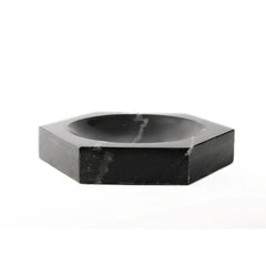 Hexagon Black Marble Bowl - Side View, Low Hexagonal Profile on White Background