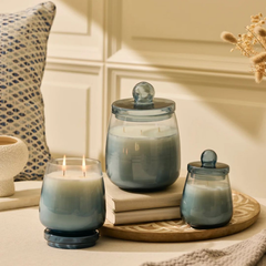 Cosmic Hues - Lid Jar Candle | Blue | Balmy Bergamot, three sizes with lids on a round wooden tray