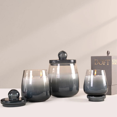 Cosmic Hues - Lid Jar Candle | Blue | Balmy Bergamot, small, medium and large jars with lids beside Doft box