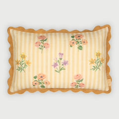 Rosalia Amber Linen Oblong Cushion Cover front view, striped floral print with scallop lace edge