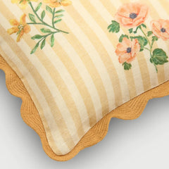 Rosalia Amber Linen Oblong Cushion Cover close-up of floral motif and amber scallop lace