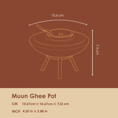 Muun Ghee Daani dimension diagram, 10.67 x 10.67 x 7.32 cm, line drawing on brown background