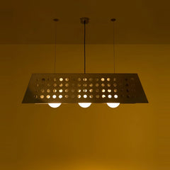 Obscura Chandelier Light lit, glow through circular cut-outs, front view
