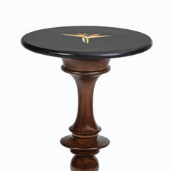 Bird of Paradise - Walnut, inlaid marble top and upper turned walnut finish pedestal