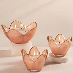 Eternal Bloom - Bowl Candle - Pink - English Rose - Set of 3, three lit pink glass petal bowls in two sizes