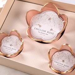 Eternal Bloom - Bowl Candle - Pink - English Rose - Set of 3, close-up of bowls in box with English Rose covers