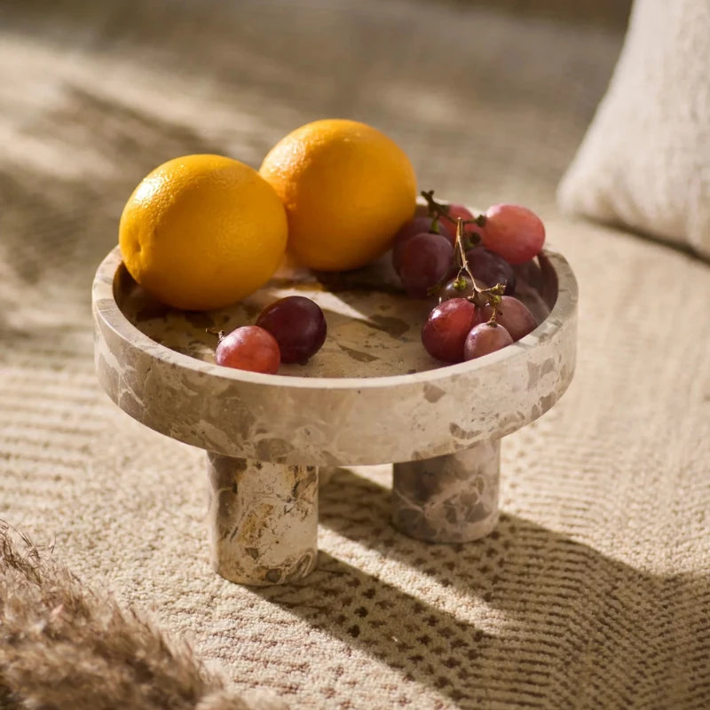 Column Series Bowl - Beige Marble Footed Bowl with Oranges and Grapes