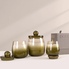 Cosmic Hues - Lid Jar Candle | Olive Green | Sage Cleanse, small, medium and large jars with lids beside Doft box