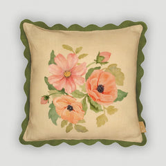 Annabella Amber Linen Cushion Cover front view, floral bunch print with green scallop lace edge