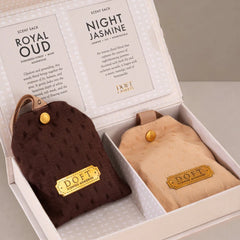 Car Freshener - Scented Sacks - Royal Oud & Night Jasmine - Set of 2, close-up of sachets with gold Doft badges