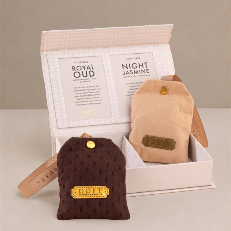 Car Freshener - Scented Sacks - Royal Oud & Night Jasmine - Set of 2, brown and beige sachets with open gift box
