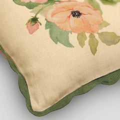 Annabella Amber Linen Cushion Cover close-up of floral print and scallop lace edging