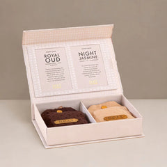 Car Freshener - Scented Sacks - Royal Oud & Night Jasmine - Set of 2, sachets tucked in open box with fragrance cards