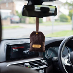 Car Freshener - Scented Sacks - Royal Oud & Night Jasmine - Set of 2, brown sachet hanging from a car rear-view mirror