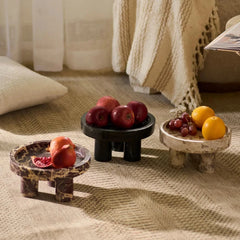 Column Series Bowl - Three Footed Bowls in Burgundy, Black and Beige Marble on Woven Rug