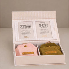 Car Freshener - Scented Sacks - Tuberose Orchid & Lemongrass - Set of 2, sachets tucked in open box, front view