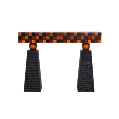 Tessaro Console Table front view, red, black and teak mosaic front on wooden spheres and tapered pedestals