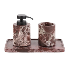 Bathroom Dispenser Set - Levanto - Three-Piece Set Cut-Out, White-Veined Burgundy Marble with Black Pump