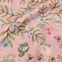Valley Rose Linen Table Runner close-up of blue flowers and leafy vine print on linen